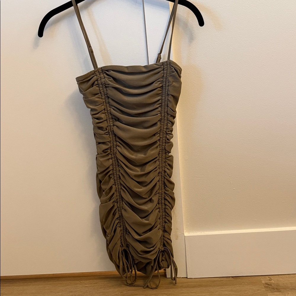 Tiger Mist Ruched Mini Dress in Tan